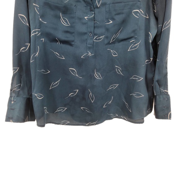 ZARA BASIC Leaf Print Teal Satin Henley Top Sz M - Picture 3 of 7